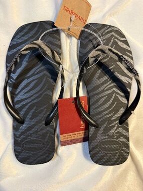 Havaianas Black Zebra-Print Flip Flops with Silver Logo